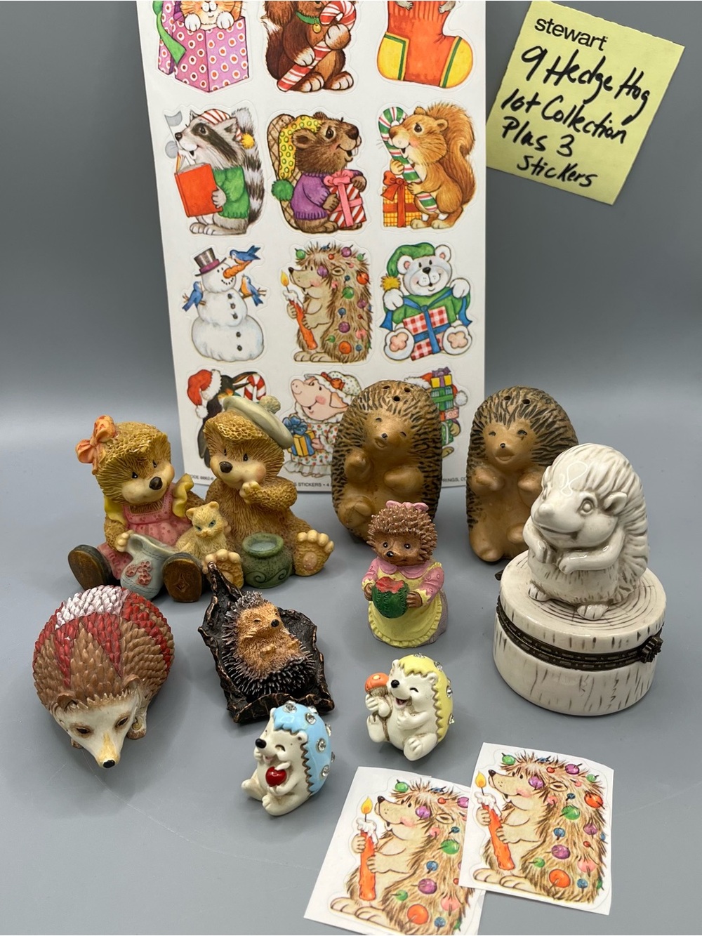 Lot Of 9 Hedgehogs Figurines and stickers Kitschy Anthropomorphic Trinket Box